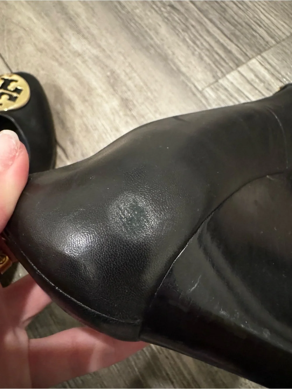 Tory Burch Black Sally Leather Wedge Gold Logo Size 10.5 (10 1/2)